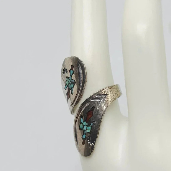Vintage Navajo Sterling Silver Blue Turquoise Red Coral Inlay Wrap 9.5 Ring - Picture 2 of 6